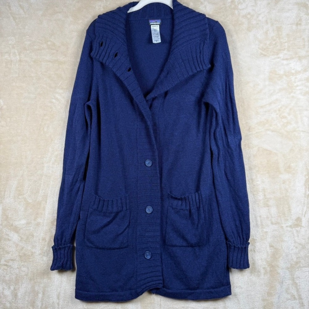 Patagonia Womens M Navy Blue Lambswool Blend Shawl Collar Long Cardigan Sweater